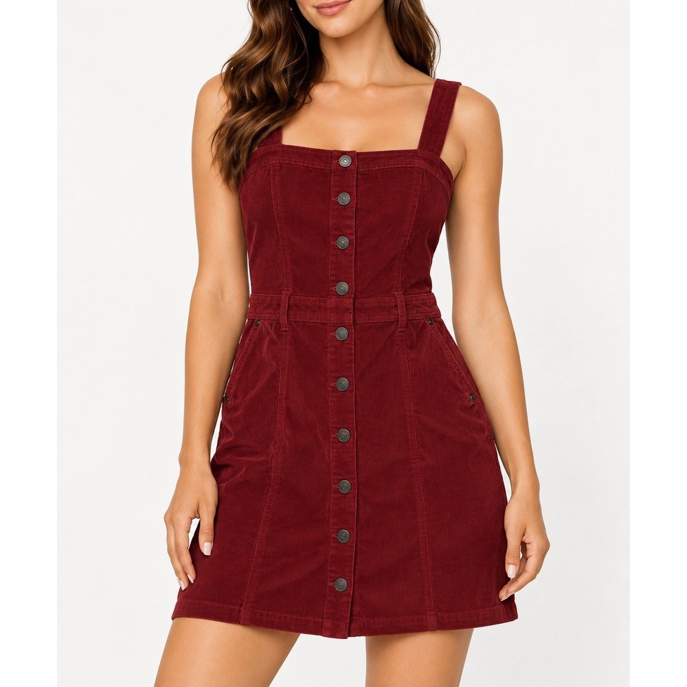 Abercrombie and Fitch Burgundy Corduroy Jumper Dress Sz M Button Up With Pockets